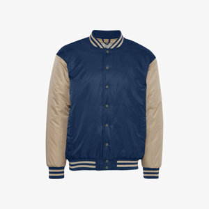 Veste de baseball classique pour homme, sur mesure, de qualité supérieure, OEM, bleu avec manches contrastées beiges, style universitaire. - Product Image 1