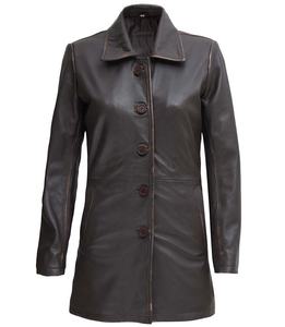 Manteau de voiture en cuir marron foncé pour femme, entièrement personnalisé, avec large col sherpa et boutons, deux poches extérieures - Product Image 4
