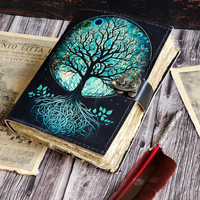 Carnet de notes en cuir véritable fait main 7x5, motif livre de sorts imprimé avec Arbre de Vie et phases lunaires, journal de voyage, cadeau pour femmes, écrivaines, et remise de diplôme