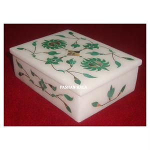 Incrustation de marbre blanc de haute qualité fabriquée à la main luxueuse avec boîte à bijoux de conception de fleur de couleur verte pour le but de cadeau de mariage - Product Image 1