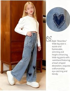 Jeans de Mezclilla para Niñas, Cintura Alta, Pierna Ancha, Parche de Corazón, Estilo Y2K, Corte Holgado, Pantalones Casuales para Niños, Tallas XS-XL - Product Image 5