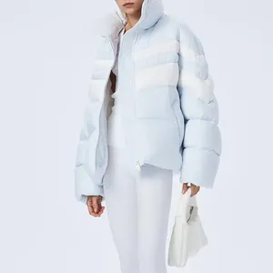 <b>Light</b> Blue <b>Puffer</b> <b>Jacket</b> Stand Collar Zipper Closure Thick Polyester Wadding Winter Casual Style Unisex Regular Fit - Product Image 3