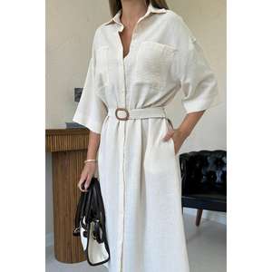 Robe beige ceinturée respirante à taille naturelle pour la vente en gros - Product Image 1