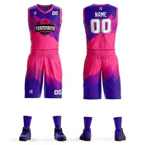 Uniforme de basket-ball universitaire personnalisé violet rose clair chemise sans manches à séchage rapide ensemble court Techniques imprimées pour adultes - Product Image 1