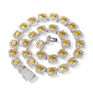 Nouvelle Mode Femmes 12mm Carré Tanins Hip Hop Mariage Moissanite Rose Violet Jaune CZ Ras Du Cou Argent Plaqué Cuivre Collier - Product Image 5