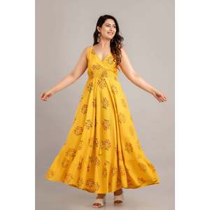 SHKUP1363 Vestido Maxi Elegante con Estampado Floral Color Mostaza, Sin Mangas, Corte Evase, para Verano y Playa, Natural, Transpirable - Product Image 1