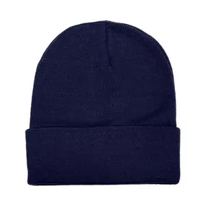 Topi kupluk rajut warna biru dongker, topi Beanie musim dingin rajut wol olahraga luar ruangan pria dan wanita, topi kustom kualitas tinggi warna polos untuk pria dan wanita