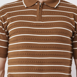 T-shirt d'été tricoté de haute qualité pour homme, en coton peigné, à manches courtes, avec fermeture éclair, rayé, style luxe léger, formel et écologique - Product Image 3