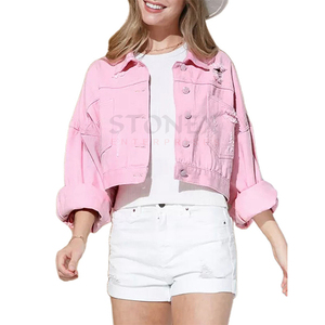 Chaqueta vaquera corta para motocicleta personalizada de último diseño decorada con perlas para mujer, Chaquetas vaqueras con estilo para mujer - Product Image 1