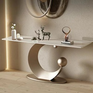 Elegante mesa de consola de metal moderna con diseño de tejido natural con acento de oro blanco para sala de estar o entrada - Product Image 3