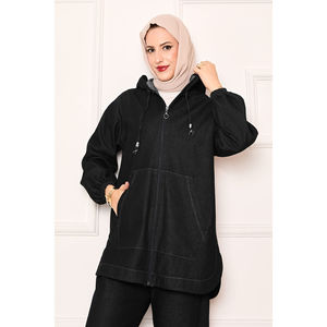 Ensemble en jean noir à capuche pour femme avec fermeture éclair et détail poche kangourou - Product Image 2