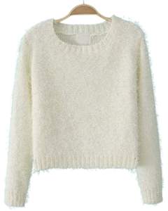 Manufacturer <b>Womens</b> Ivory Fuzzy Knit <b>Cropped</b> Sweater Long Sleeve Soft Warm Winter Pullover Cozy Minimal Fashion Top For Ladies - Product Image 1