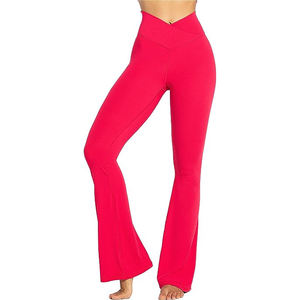 Wholesale Women Flared Yoga Pants High Waist | Ribbed Activewear <b>Leggings</b> with <b>Pocket</b> Seamless Ribbed Yoga Flare Pants - Product Image 1