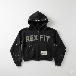 New Design <b>Black</b> Men Zip Front <b>Hoodie</b> with Printed Chest Design Rhinestone Details Premium Winter Streetwear Fashion <b>Hoodie</b> - Product Image 1