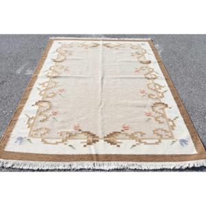 Tapis turc vintage 5,8x7,4 pi (176x225 cm), Kilim blanc et marron, tapis persan - Product Image 1