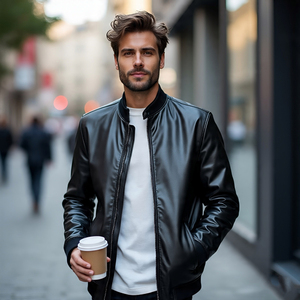 Vestes en cuir véritable pour hommes Manteau d'hiver à fermeture éclair en cuir de mouton uni à la mode Veste en cuir de vachette à col montant - Product Image 4