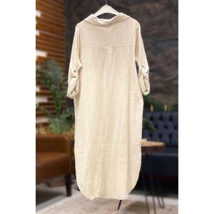 Yakalı Düğmeli Cepli Uzun Keten Elbise - Product Image 1
