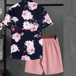 Camisa de Manga Corta con Estampado Floral de Inspiración Hawaiana y Pantalones Casuales Tejidos para Vacaciones de Primavera para Hombre - Product Image 3