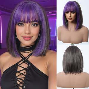 DWY Purple and Grey Short Straight <b>Bob</b> <b>Wig</b> Lace Front Synthetic High Temperature Fiber Natural and Stylish" - Product Image 3