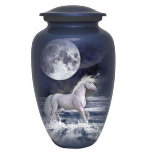 Urne funéraire en laiton/aluminium pour adultes, avec motif de cheval bleu naturel, pour cendres humaines - Product Image 3