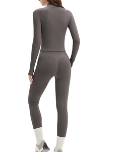 Ensembles de sport pour femmes, 2 pièces, tenue de yoga sans couture à manches longues, leggings de sport, veste mi-zippée, ensemble de gym - Product Image 2