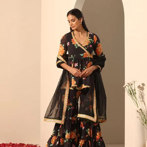 GUL NARANGI SHARARA SET Black Printed Georgette Cotton Casual <b>Dresses</b> Half Sleeve Length Casual Style Hollow Natural - Product Image 1