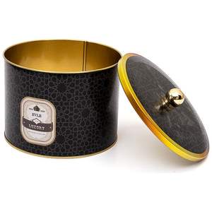 Mango de perilla de patrón geométrico dorado 175x130mm Recipiente redondo de metal para almacenamiento de alimentos Fondo negro - Product Image 1