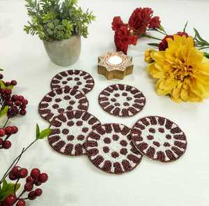 Handmade Beaded Tea Coaster Set of six White and Maroon Round Beads Elegant Table Decor for Tea Coffee and Festive Serving - Product Image 1