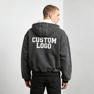 เสื้อฮู้ดดี้ผู้ชายสีเทาเข้มทันสมัย สกรีนโลโก้ได้ ผ้าฟลีซบุซับใน สไตล์วินเทจ ทรงโอเวอร์ไซส์ มีกระเป๋าเสื้อ  ลำลอง - Product Image 3