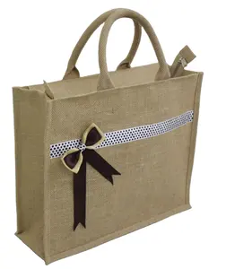 Ritssluiting Designer Decoratieve Satijnen Boog Werk Pp Gelamineerd Natuurlijke Jute Tote Gift Met Gevoerde Touw Handvat