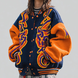 Vestes universitaires oversize à col rond pour femmes, manches en laine à épaules tombantes, broderie, vestes universitaires pour femmes - Product Image 3