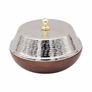Wooden Hammered Steel <b>Serving</b> Casserole <b>Dish</b> <b>with</b> <b>Lid</b> Brass Knob Accent Elegant Serveware for Food Presentation - Product Image 1