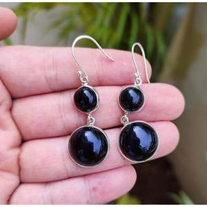 Boucles d'oreilles pendantes en argent sterling 925, onyx noir double, forme de boule, bijoux faits à la main, cadeau pierre de naissance de juillet, onyx noir double - Product Image 3