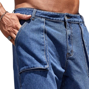 Pantalones Cargo de Mezclilla Azul para Hombre, Corte Recto de Pierna Ancha, Multibolsillos, Algodón, Estilo Casual, Ropa de Trabajo, Estilo Relajado - Product Image 3