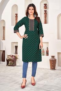 Tela de rayón oro Khadi impresión encaje trabajo Kurti para la venta en línea - Product Image 6