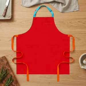 Delantal Rojo con Tres Bolsillos, Lona Tejida, Lavable a Máquina, Reutilizable, Duradero, para Cocinar, Uso Diario, Estilo Simple - Product Image 1