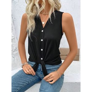 Blusa de viscosa sin mangas con cuello en V y botones frontales con detalle de lazo para mujer, 34613 - Negro - Product Image 1