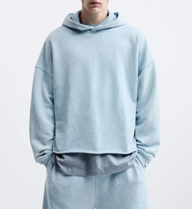 Vintage lavage à capuche hommes 100% coton surdimensionné goutte épaule ourlet brut recadrée Streetwear pull à capuche pour hommes - Product Image 2