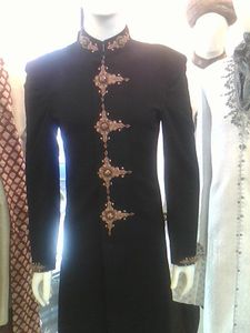 2022 MAROON SHERWANI DRESS on Velvet Fabric with Gold Zardozi Embroidery Plus Size Party-Wear Wedding Dress with Matching Shoes - Product Image 2