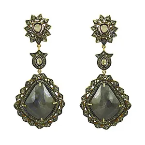 Boucles d'oreilles pendantes en or 14 carats et 18 carats, bijoux fantaisie, pierre noire, avec perle et diamant, style vintage mignon pour les mariages - Product Image 2