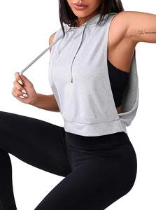 Femmes 100% coton sans manches à capuche Crop débardeur ouvert côté entraînement vêtements de sport Hip Hop Style respirant court pour l'hiver avant - Product Image 3