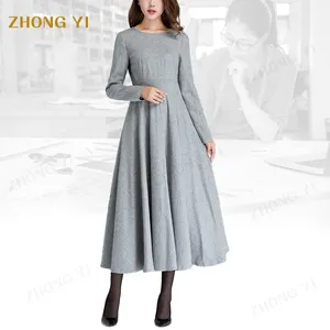 Autumn Winter 100% Cotton Natural Organic Gray Wool Pleated Skirt Warm Solid Color Casual Long Sleeve Plus Size Women's Dresses