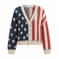 Cardigan en tricot jacquard personnalisé en coton doux pour femme, motif drapeau américain, col en V, boutons sur le devant, style vintage preppy, printemps-automne, vente en gros