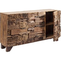 Buffet de salle à manger en bois de récupération, style ferme, avec sculptures tribales et aspect antique moderne, écologique et durable