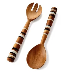 Ensemble de serveurs à salade en bois naturel fait à la main, cuillères et fourchettes en résine incrustée, ustensiles de cuisine, cadeau - Product Image 4