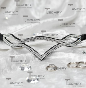 Bandeau de tête de cheval en cuir noir avec cristaux en forme de V de luxe, design à double vague - Product Image 3