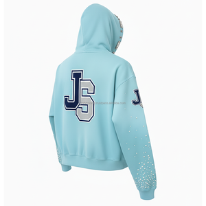 Premium 360 GSM algodón polar cremallera Sudadera con capucha azul cielo con embellecedor de diamantes de imitación y parche de chenilla logotipo personalizado Basics Hoodie - Product Image 4
