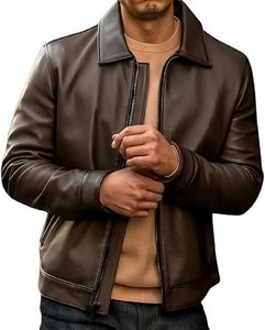 Mens <b>Shirt</b> Collar Genuine Real Lambskin <b>Leather</b> Jacket For Men Vintage Classic Biker Style with Zip Out Liner - Product Image 5