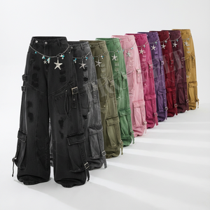 Casual Fashion 2026 New Latest Style Denim Cargo Pants Chain Detail Wide Leg Streetwear Loose Fit Utility Denim Pants <b>Trousers</b> - Product Image 1