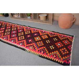 Tapis Kilim Turc Vintage 2.9x12.4 pieds Rouge Orange Laine Latex Support Patchwork Motif pour Chambre Style Tabriz 10mm Épaisseur - Product Image 2